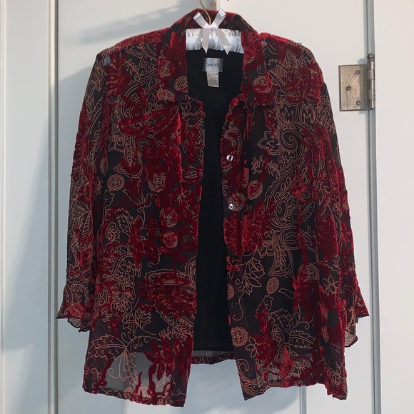 Velvet & Sheer 3/4 Sleeve Button-down Blouse, Dressy, Ruffle Cuff, Collar, Layer - Picture 7 of 7